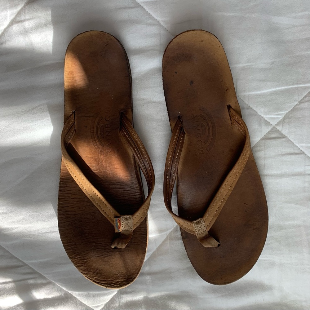 rainbow leathery flip flops